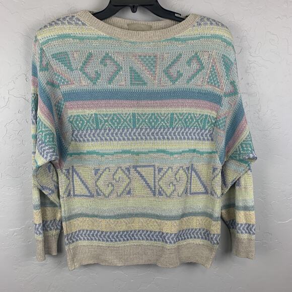Vintage Bogner Sweater Womens Medium Pastel Geometric Knit Linen Cotton 80s - Picture 1 of 6